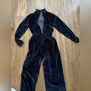 Fabletics Navy Velour Zip-Up Wide Leg Jumpsuit